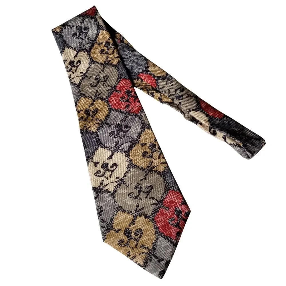 Evan-Picone Mens Silk Tie Geometric Patchwork Grey Gold Red Scrollwork USA Made